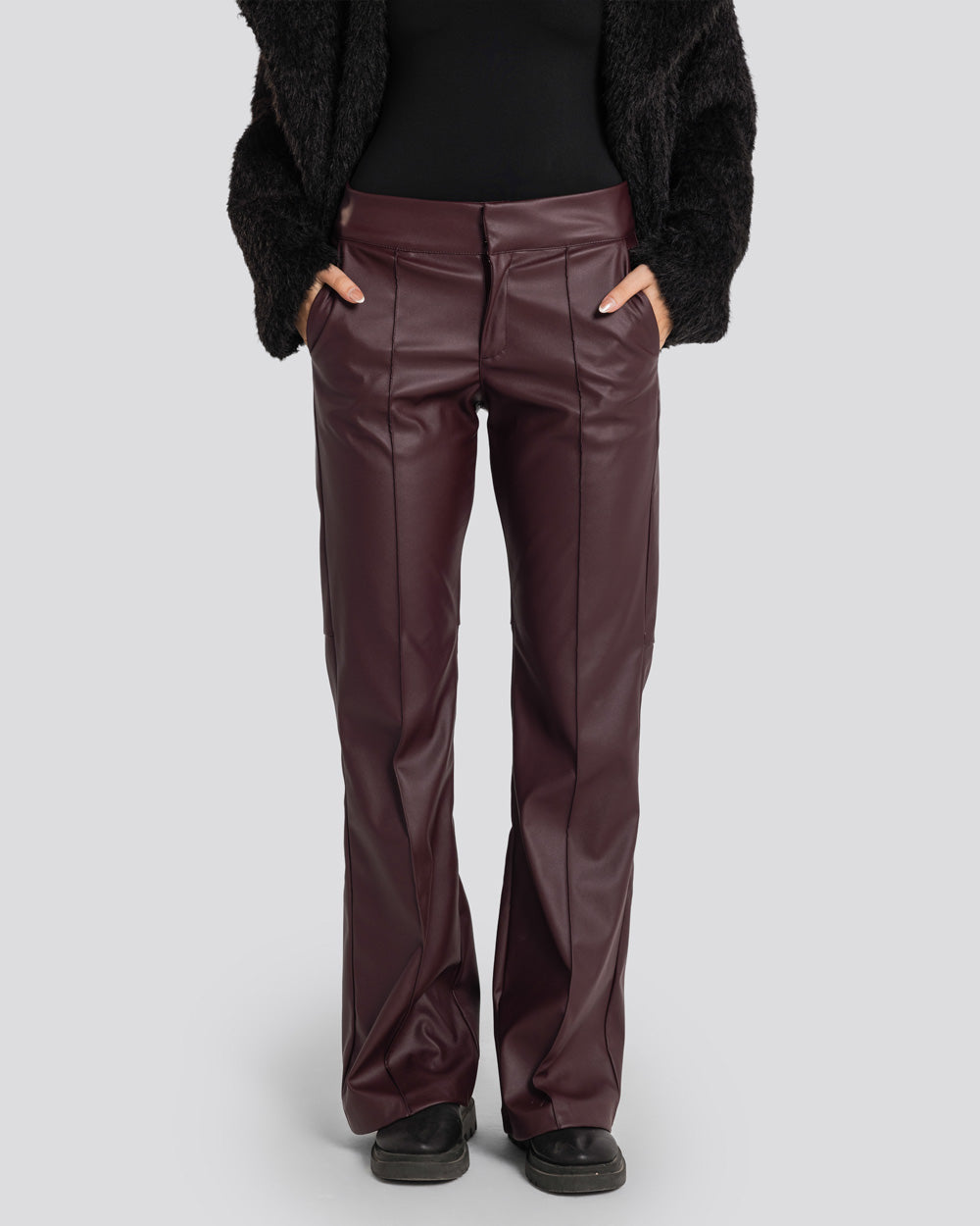Flare Leather Pants-Burgundy
