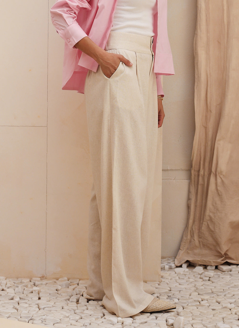 Wide Linen Pants - Beige