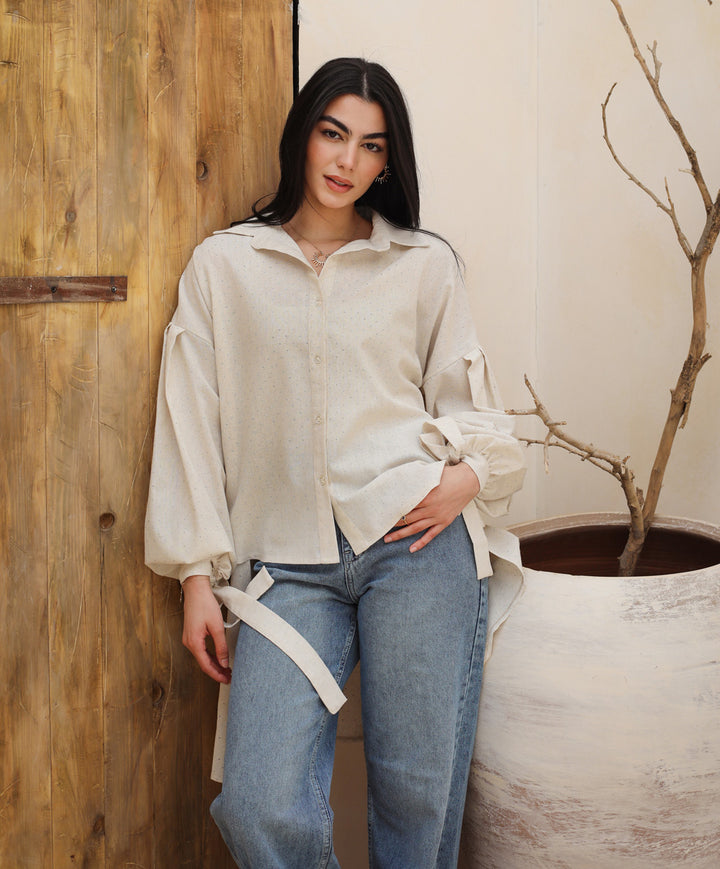 Linen Rhinestone shirt - Beige