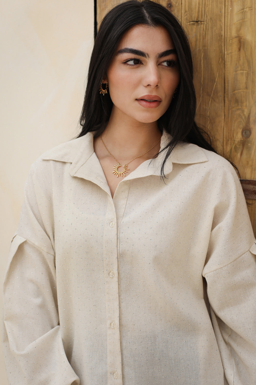 Linen Rhinestone shirt - Beige