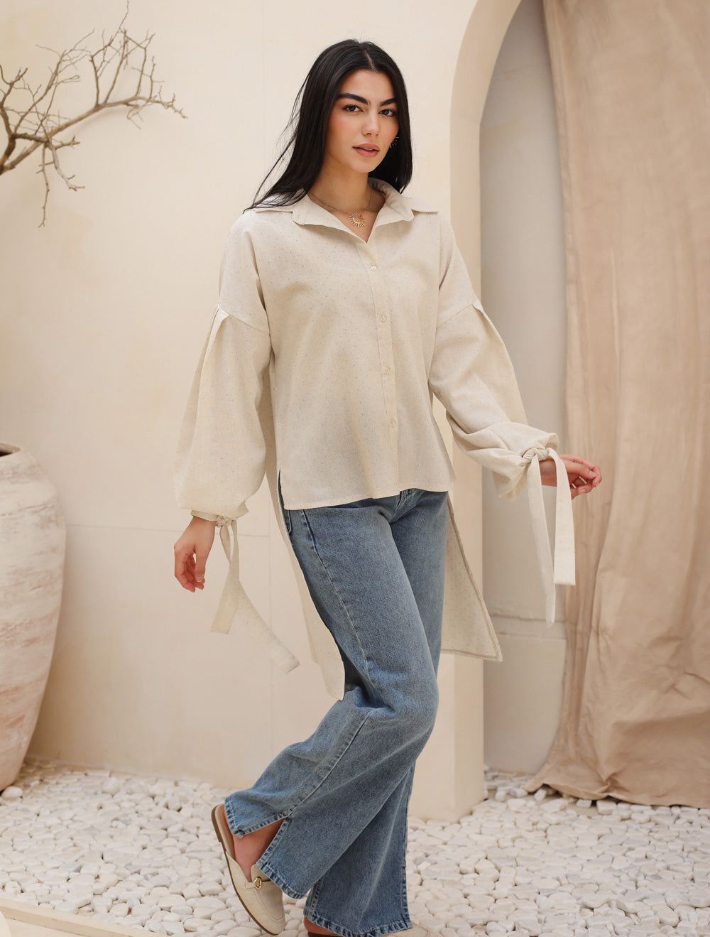 Linen Rhinestone shirt - Beige