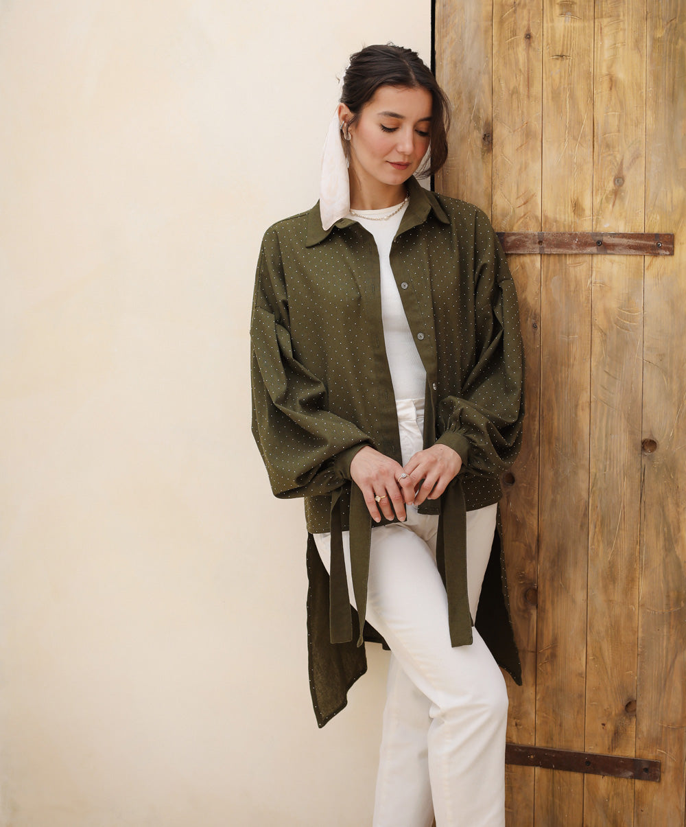 Linen Rhinestone shirt - Olive