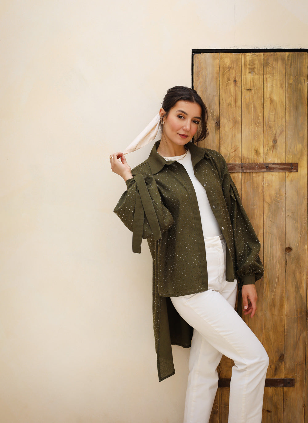 Linen Rhinestone shirt - Olive