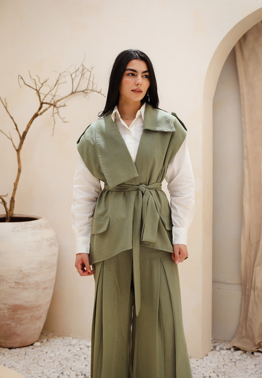 Shimmer Linen Vest & Pants Set - Olive
