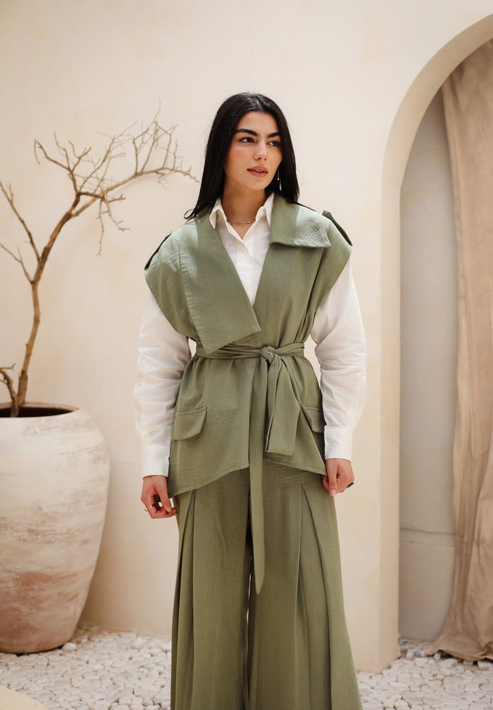 Shimmer Linen Vest & Pants Set - Olive