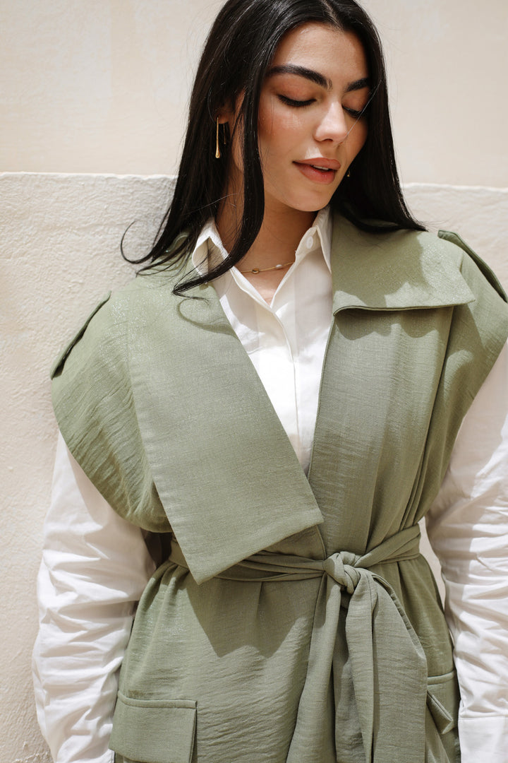Shimmer Linen Vest & Pants Set - Olive
