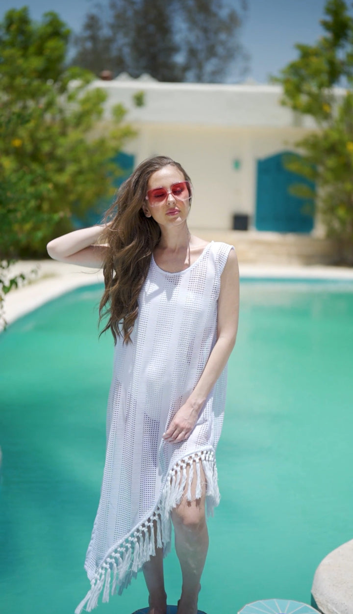 Fringes net coverup dress in white