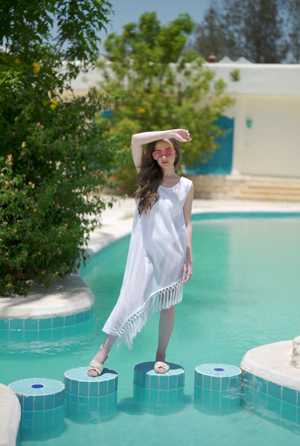 Fringes net coverup dress in white