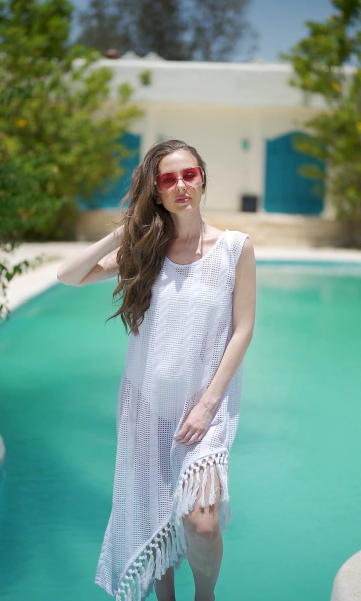 Fringes net coverup dress in white