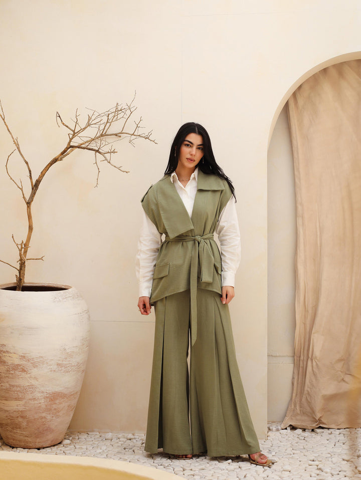 Shimmer Linen Vest & Pants Set - Olive