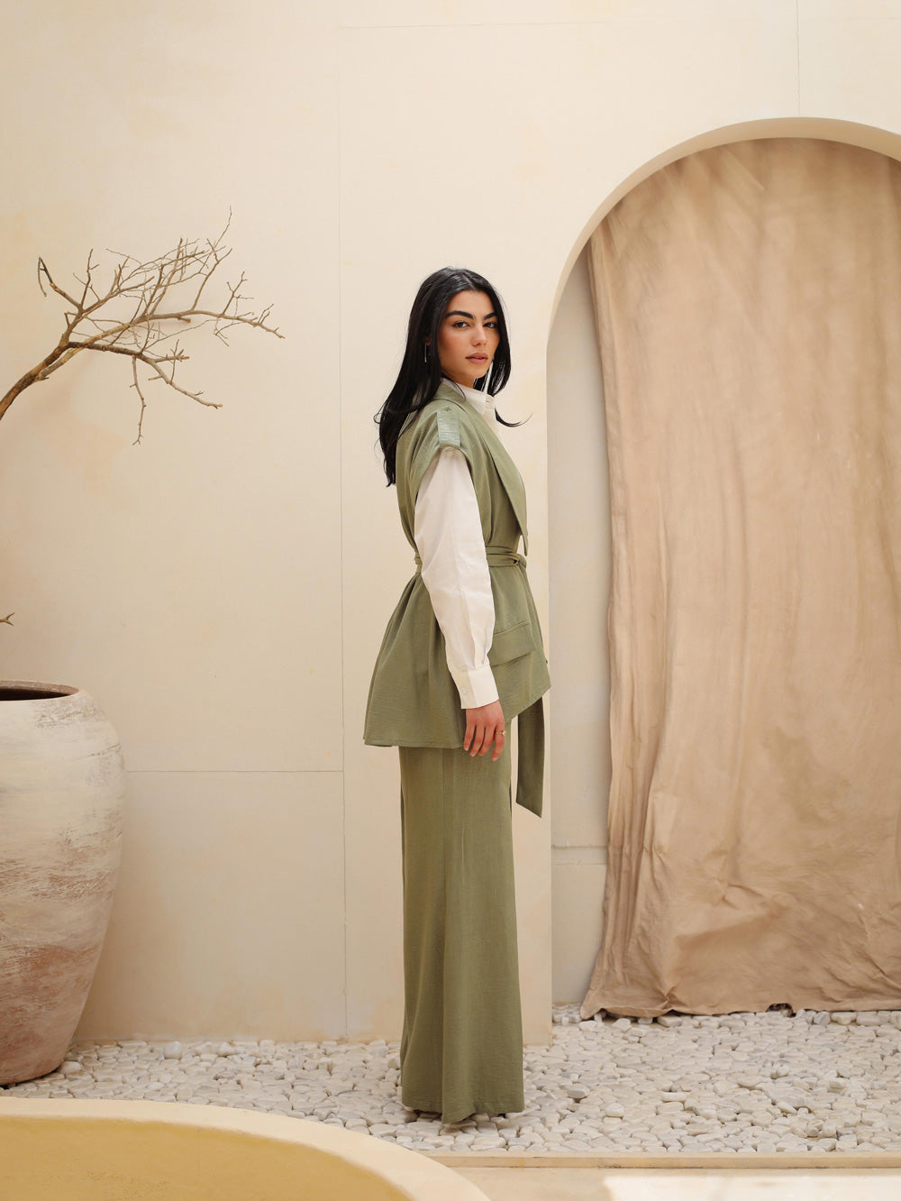 Shimmer Linen Vest & Pants Set - Olive