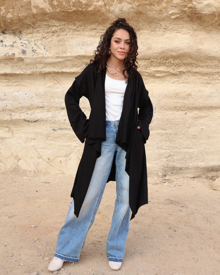 Asymmetric Shimmery Cardigan - Black