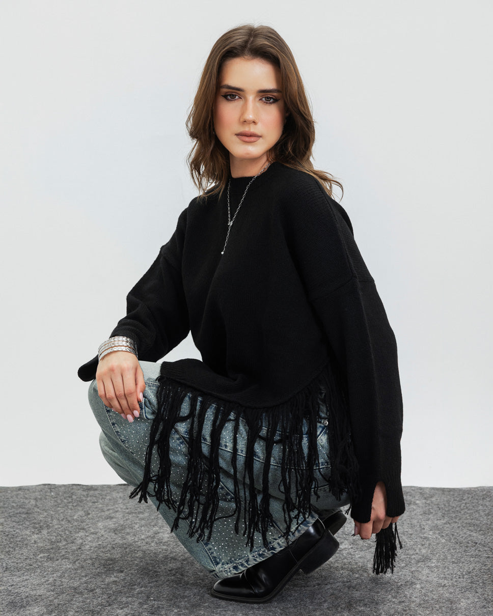 The Fringe Drift Pullover-Black