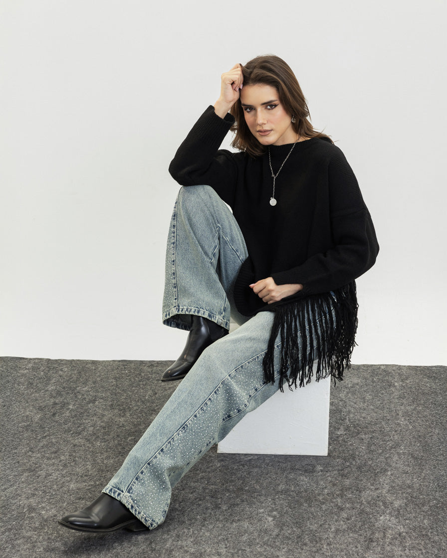 The Fringe Drift Pullover-Black