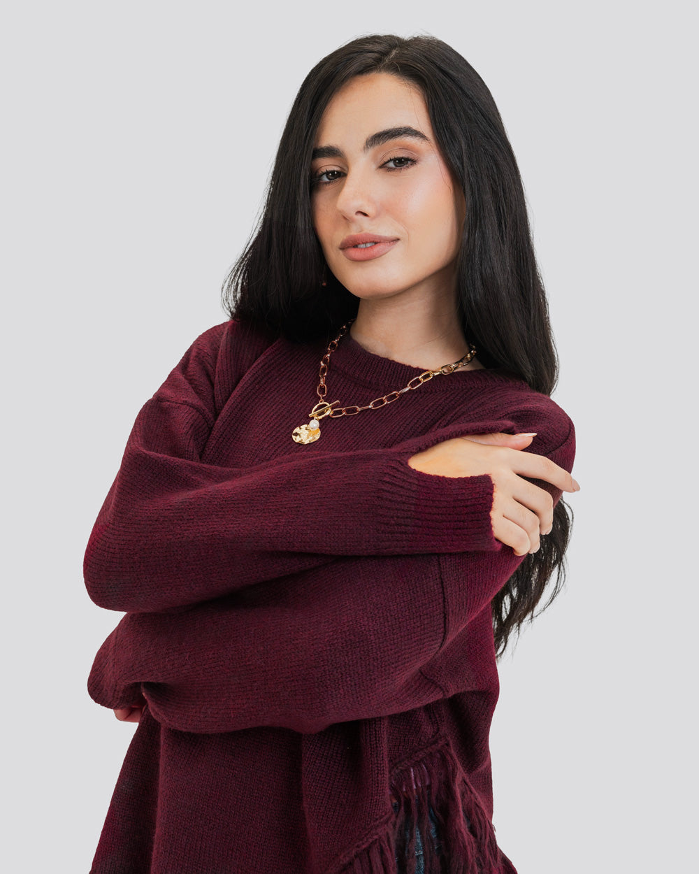 The Fringe Drift Pullover-Burgundy