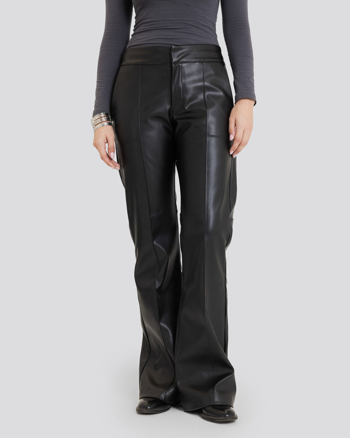 Flare Leather Pants-Black