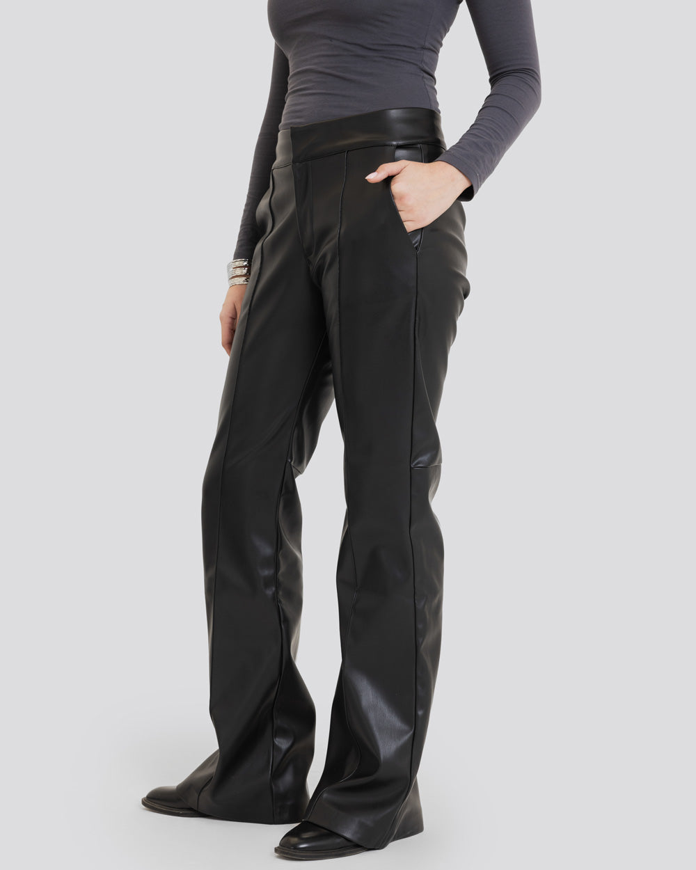 Flare Leather Pants-Black