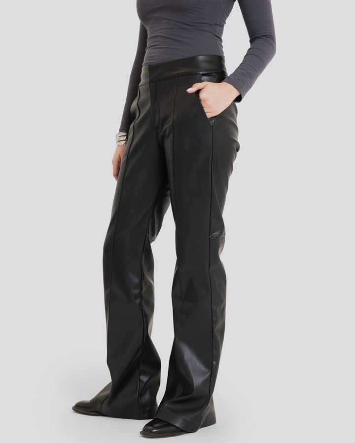 Flare Leather Pants-Black