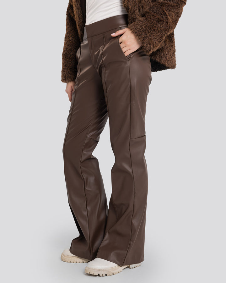 Flare Leather Pants-Brown