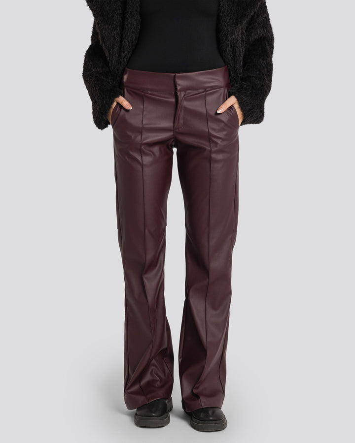Flare Leather Pants-Burgundy