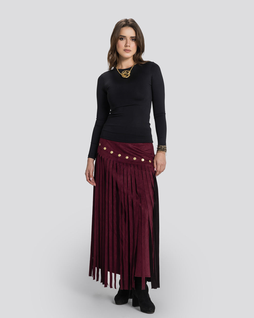 Rebel Fringes Skirt-Burgundy