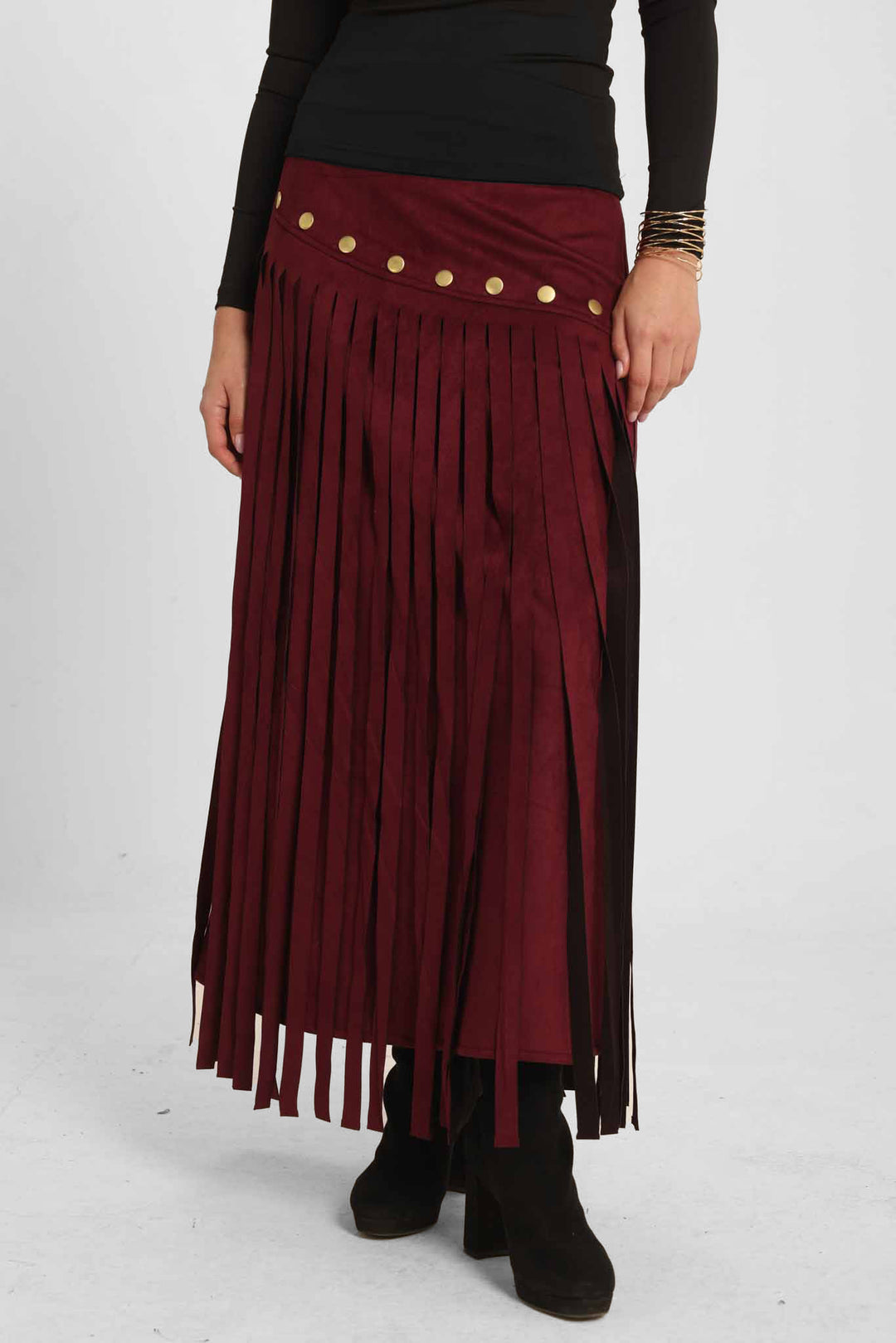 Rebel Fringes Skirt-Burgundy