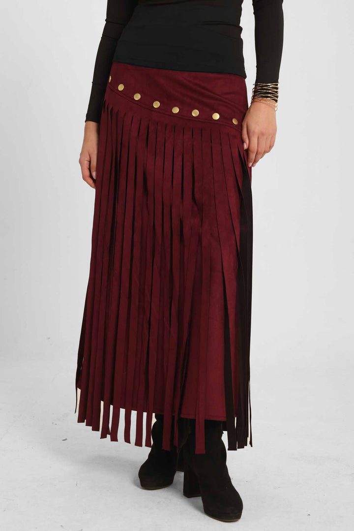 Rebel Fringes Skirt-Burgundy