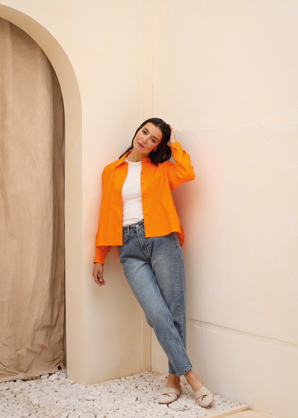 Cropped Poplin Shirt - Orange