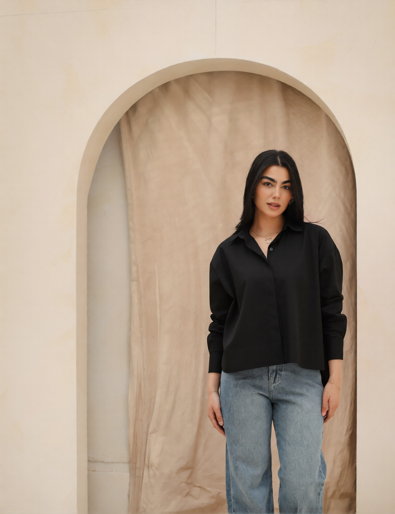 Cropped Poplin Shirt - Black
