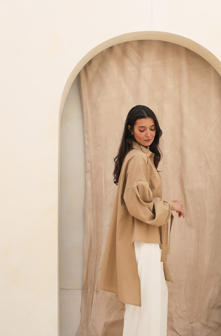 Linen Rhinestone shirt - Mocha
