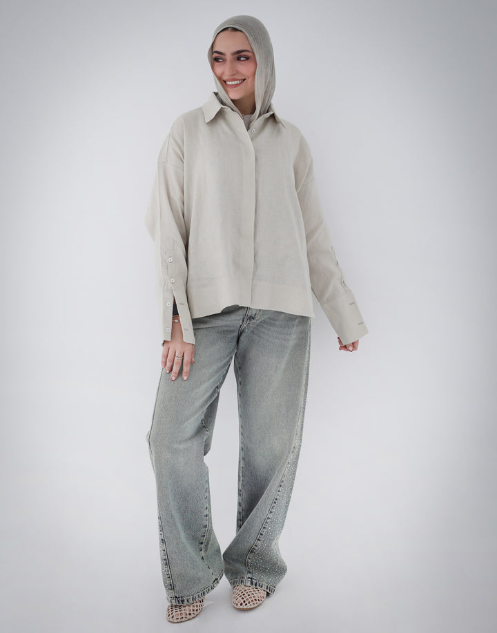 High-Low Linen Shirt- Beige