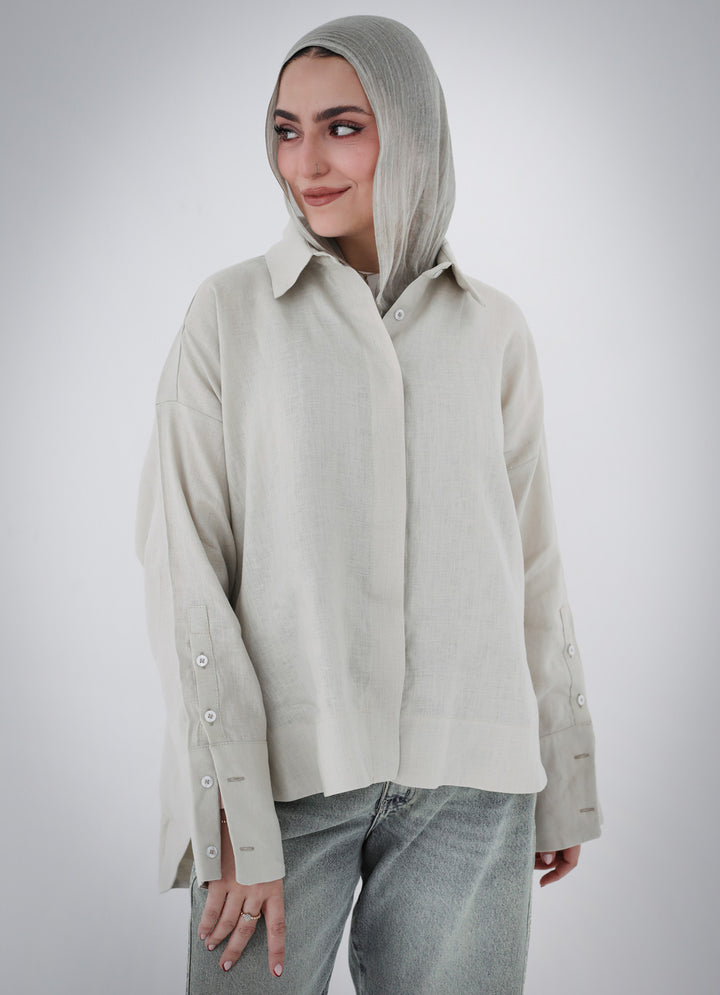 High-Low Linen Shirt- Beige
