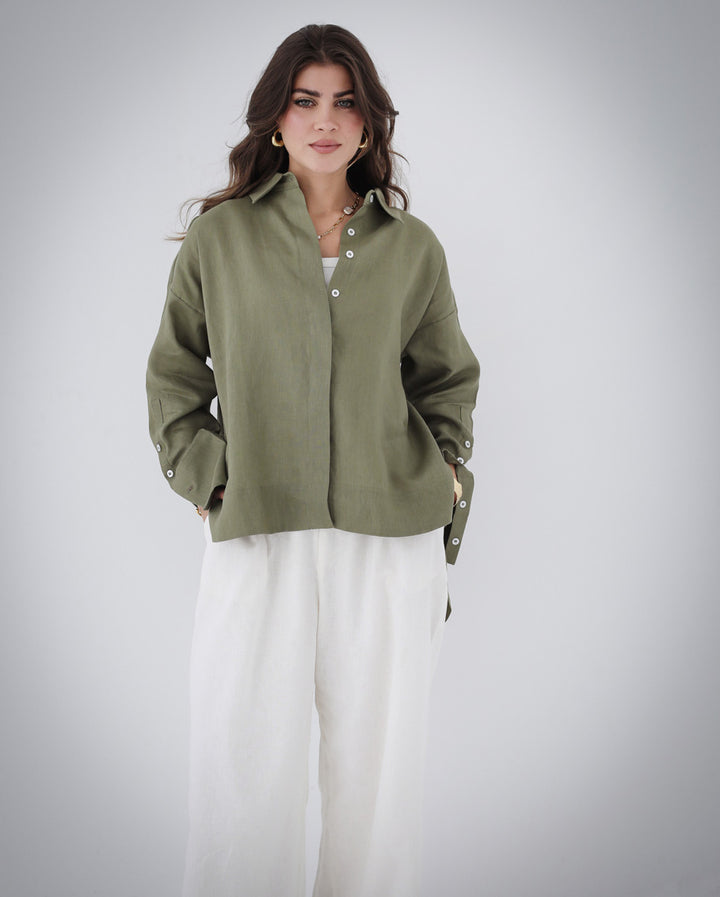 High-low Linen Shirt - Olive