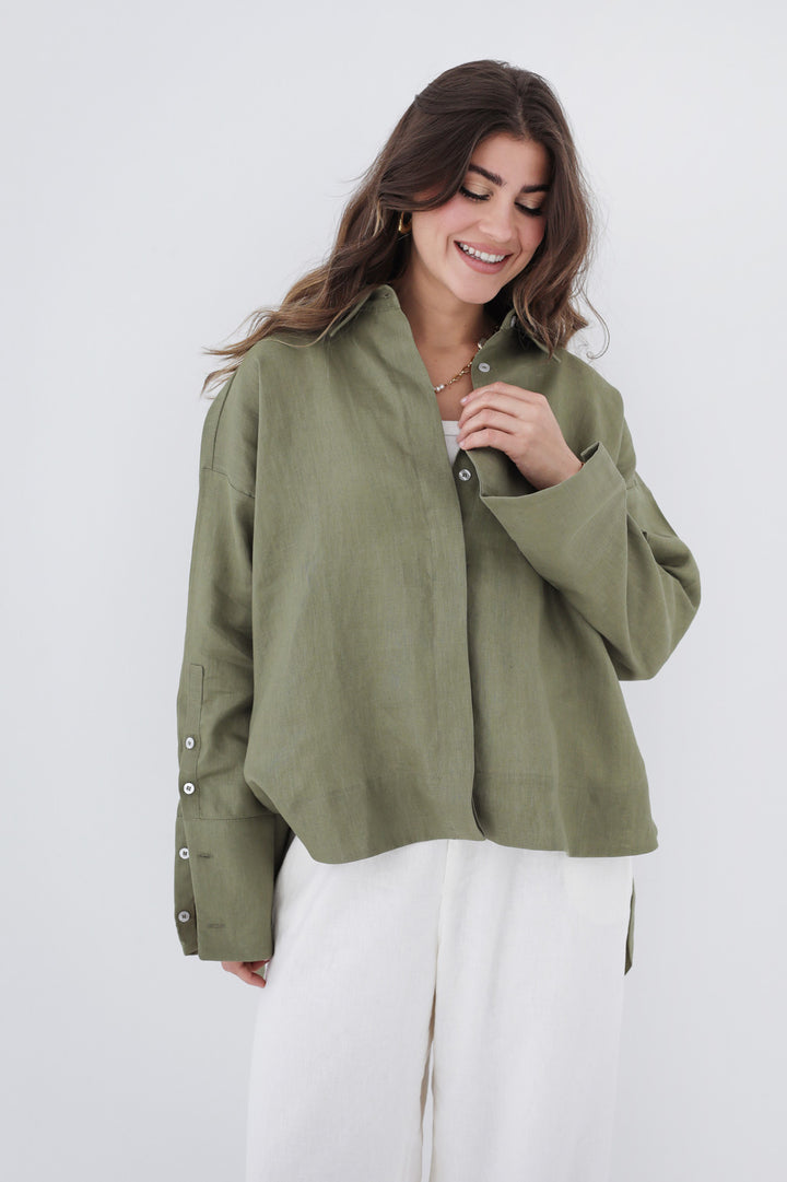 High-low Linen Shirt - Olive