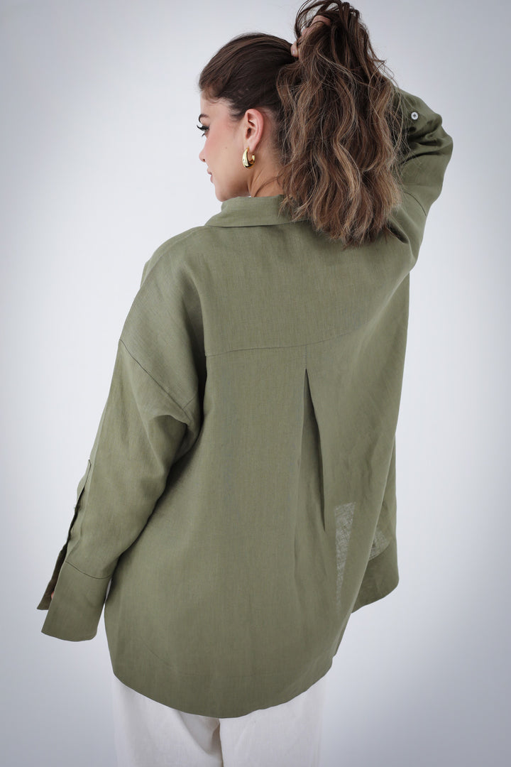 High-low Linen Shirt - Olive