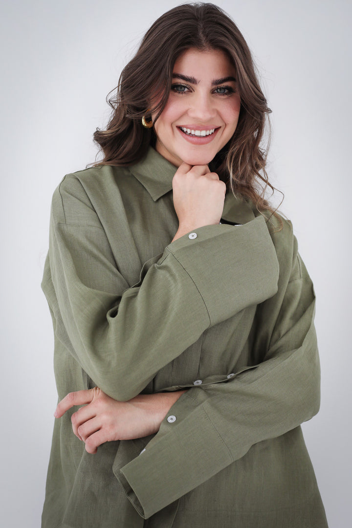 High-low Linen Shirt - Olive
