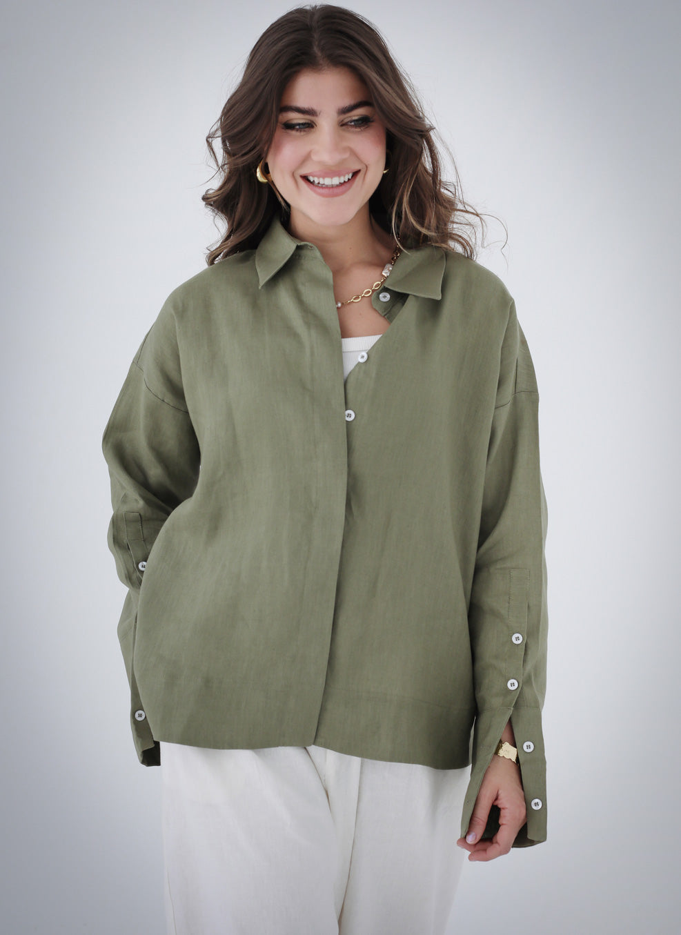 High-low Linen Shirt - Olive