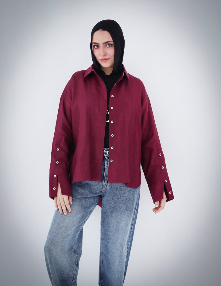 High-low Linen Shirt - Burgundy