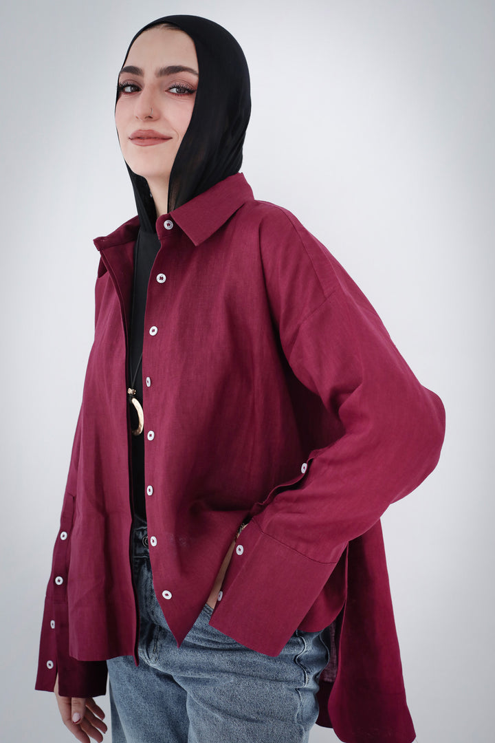 High-low Linen Shirt - Burgundy