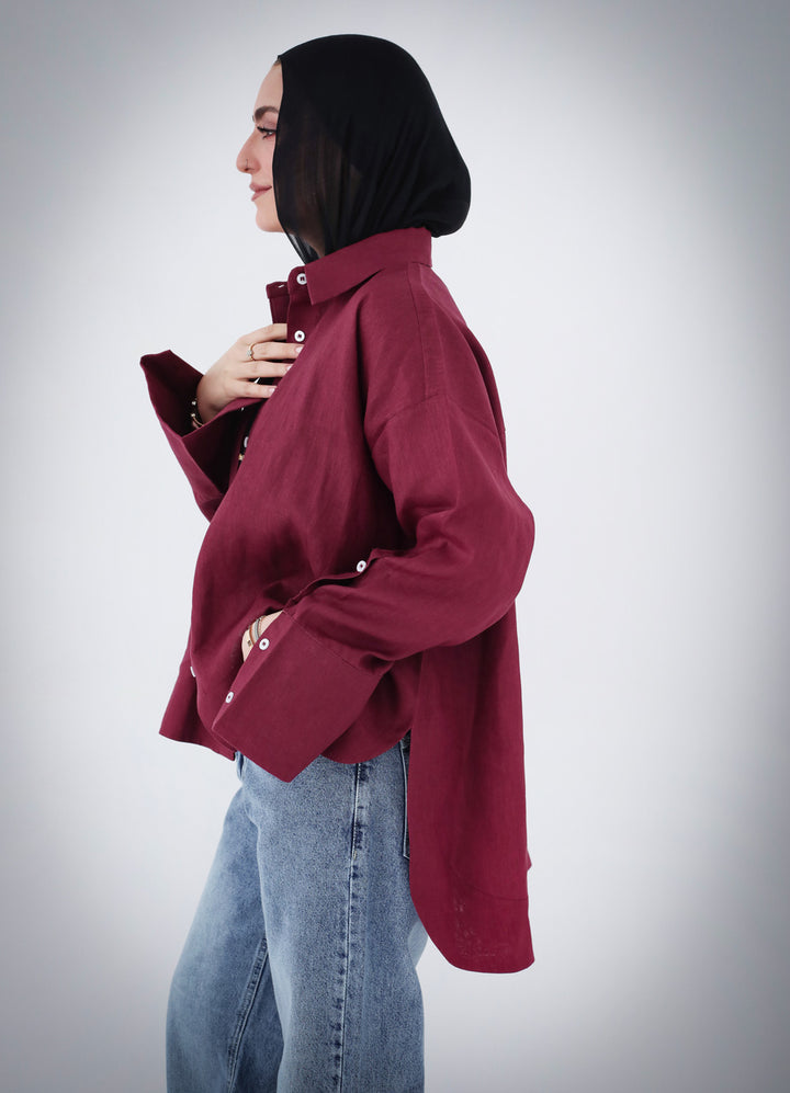 High-low Linen Shirt - Burgundy