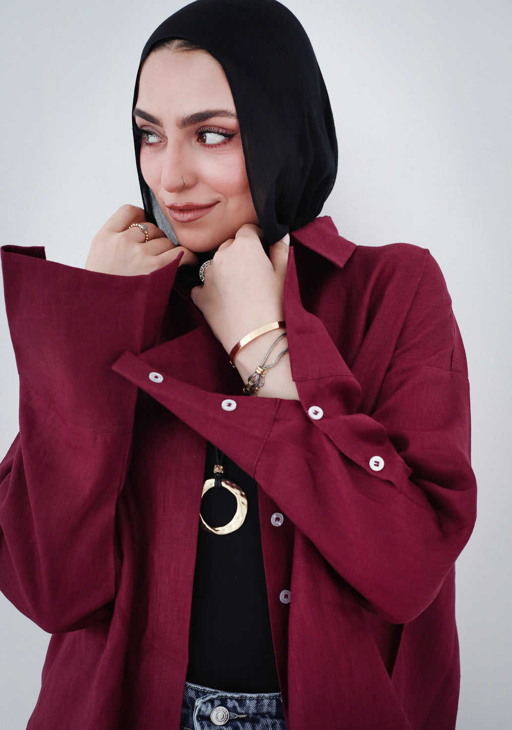High-low Linen Shirt - Burgundy
