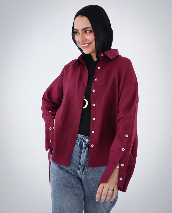 High-low Linen Shirt - Burgundy