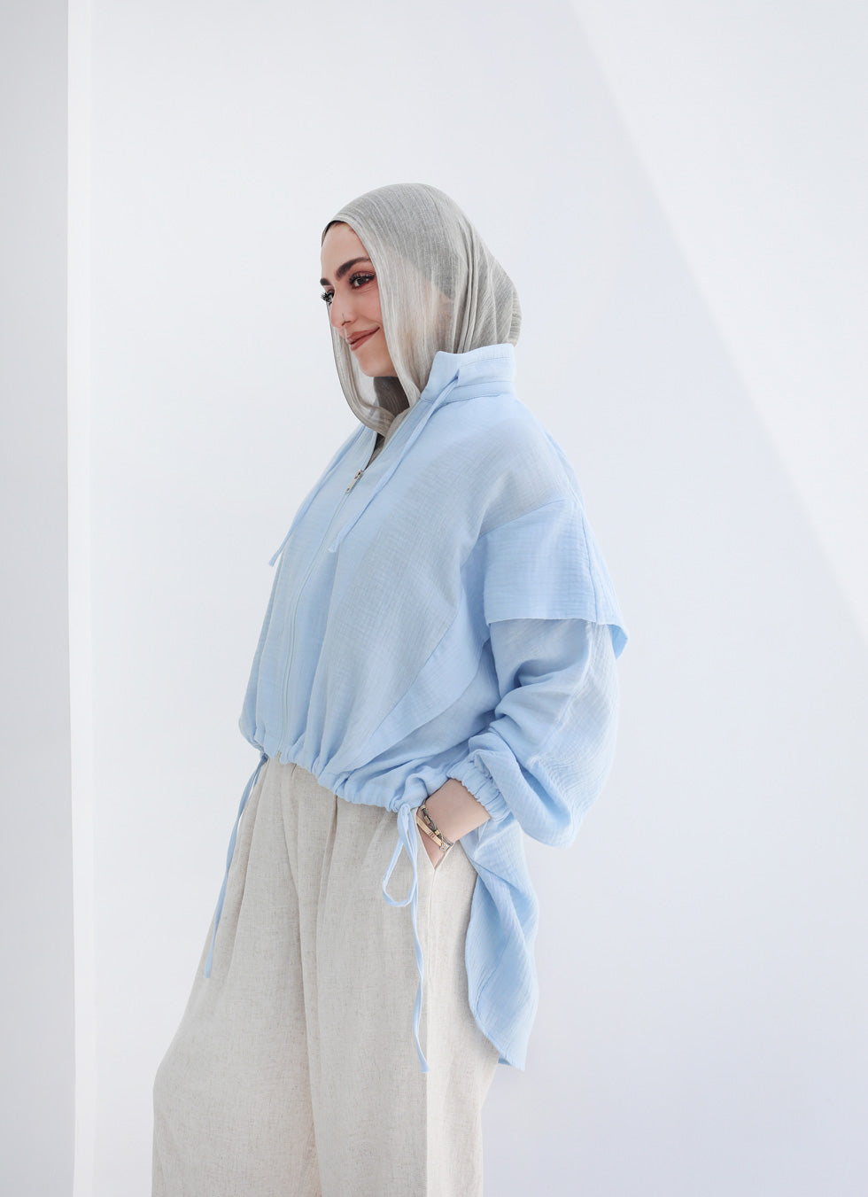 High-low Zipper Shirt - Baby Blue