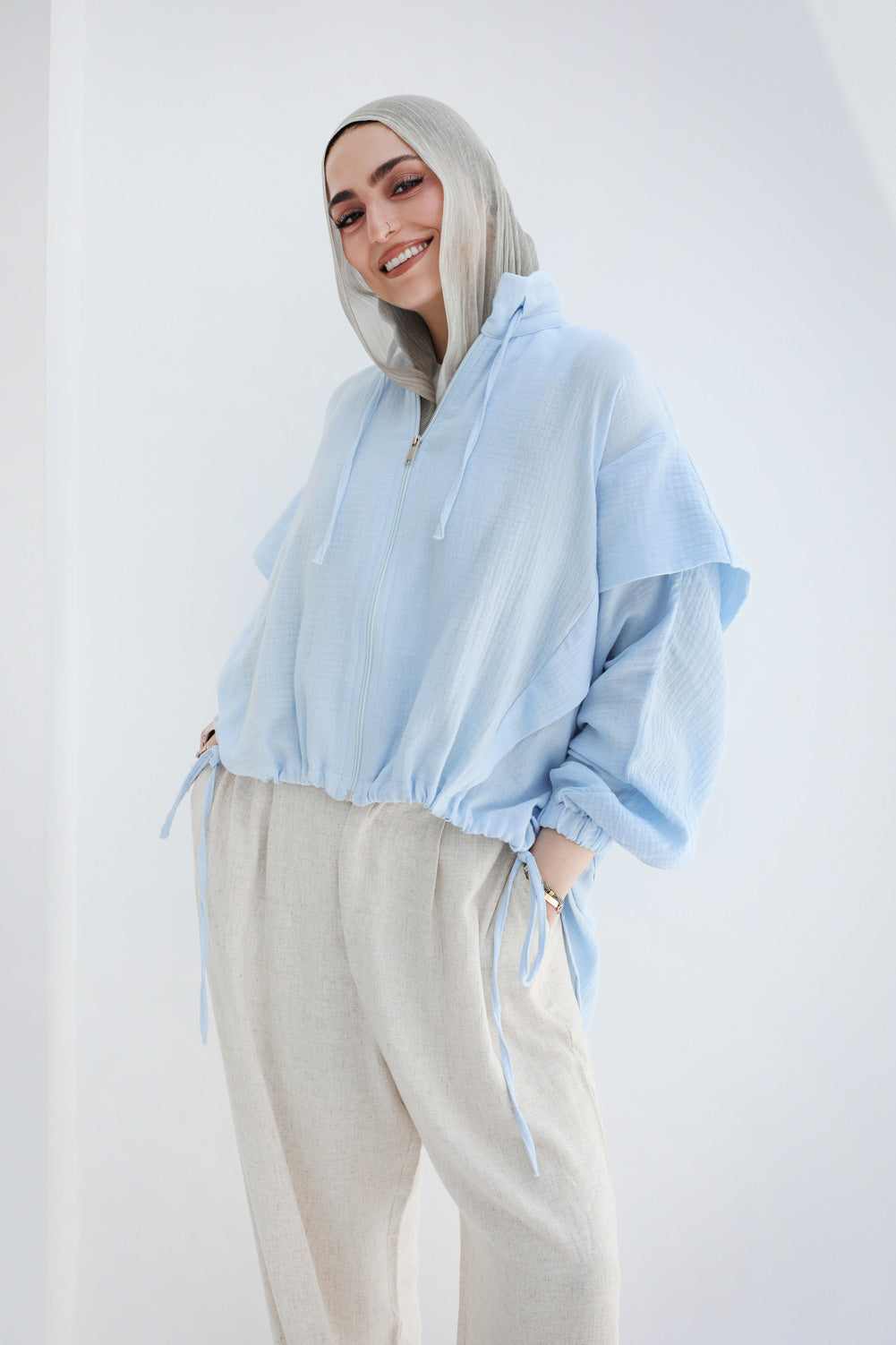 High-low Zipper Shirt - Baby Blue