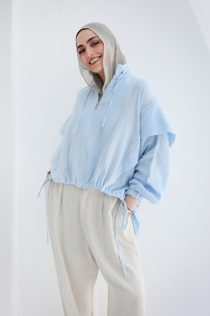 High-low Zipper Shirt - Baby Blue