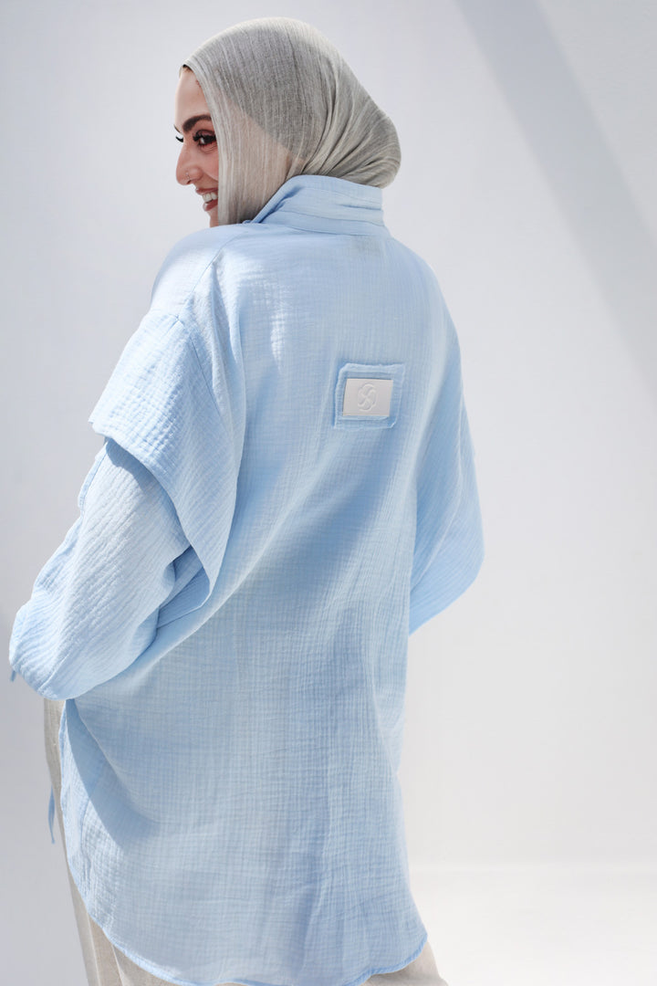 High-low Zipper Shirt - Baby Blue