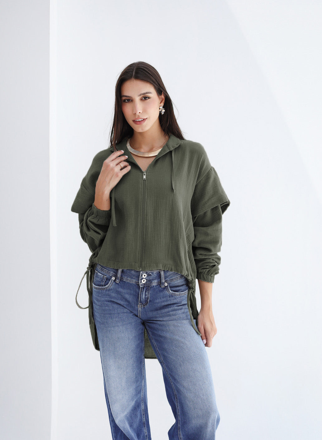 High-low Zipper Shirt  - Olive