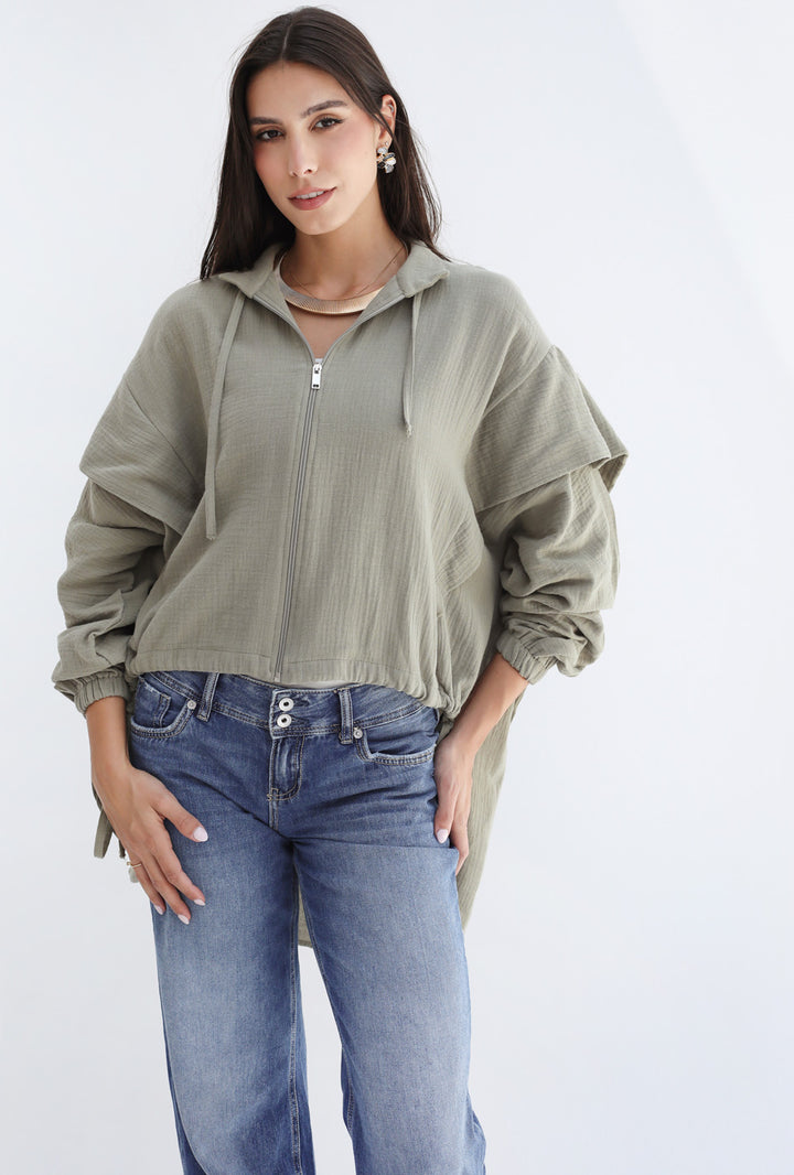 High-low Zipper Shirt  - Olive