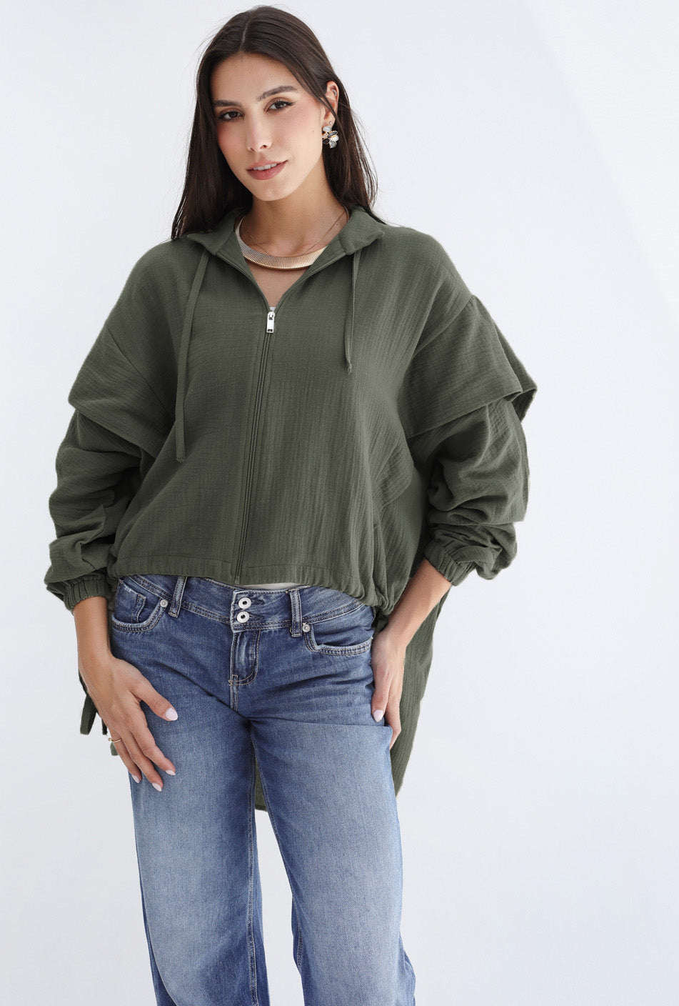 High-low Zipper Shirt  - Olive