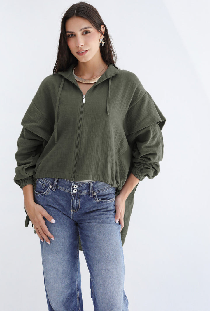 High-low Zipper Shirt  - Olive
